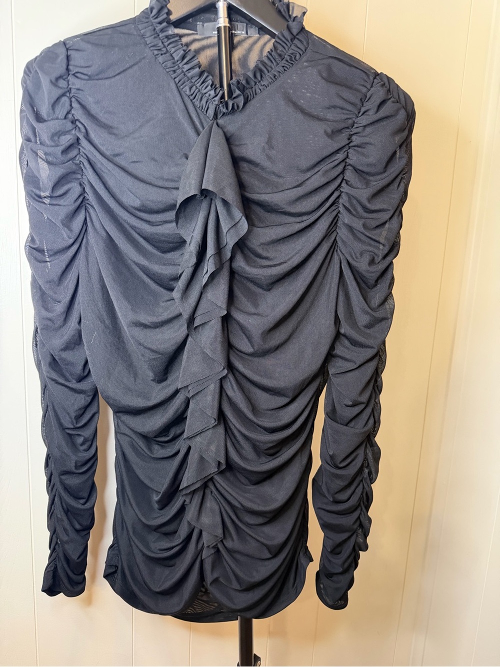 White House Black Market Black Ruched Long-Sleeve Dress with Front Ruffle
